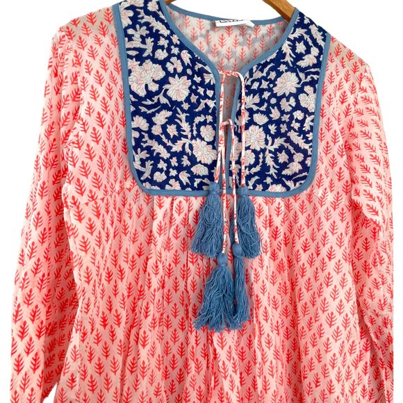 SZ Blockprints Tunic Top Small S Pink Blue Floral Tassels Vibrant Blouse Shirt - Picture 2 of 6